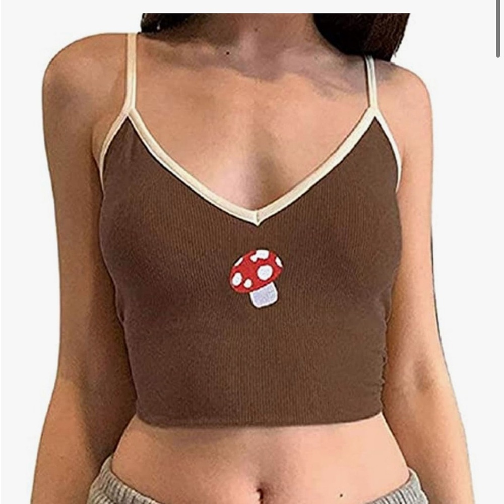 ▫️90s/Y2K Brown Mushroom Hippie Embroidered Women's Crop Top Tank